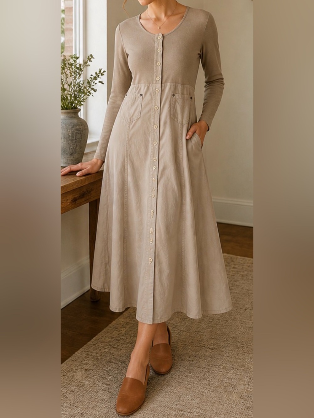 Vintage Philosophy of Comfort Mixed Media Midi Dress Taupe Button Front A-Line